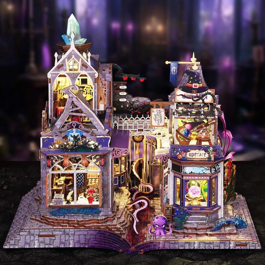 Detailed dollhouse of a fantasy building with illuminated elements on a dark background