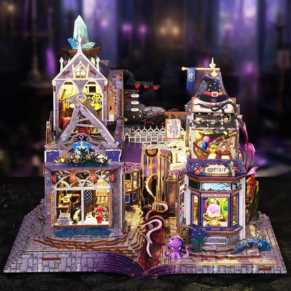 Detailed dollhouse of a fantasy building with illuminated elements on a dark background