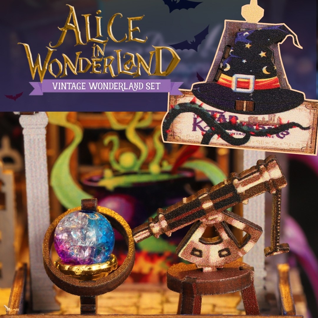 Vintage Wonderland set with a miniature hat, crystal ball, and telescope against a dark background with 'Alice in Wonderland' text.