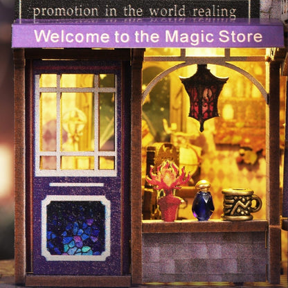 Fantasy magic store entrance with glowing interior, 'Welcome to the Magic Store' sign, and mystical items.