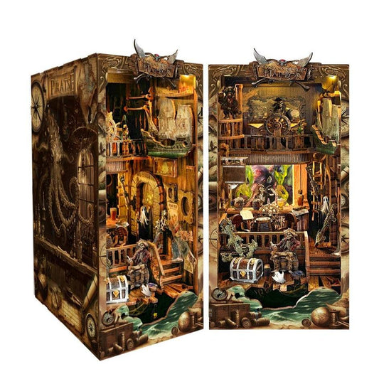 image displaying the front and left side views of two Ghost Pirate Ship DIY Book Nook Kit