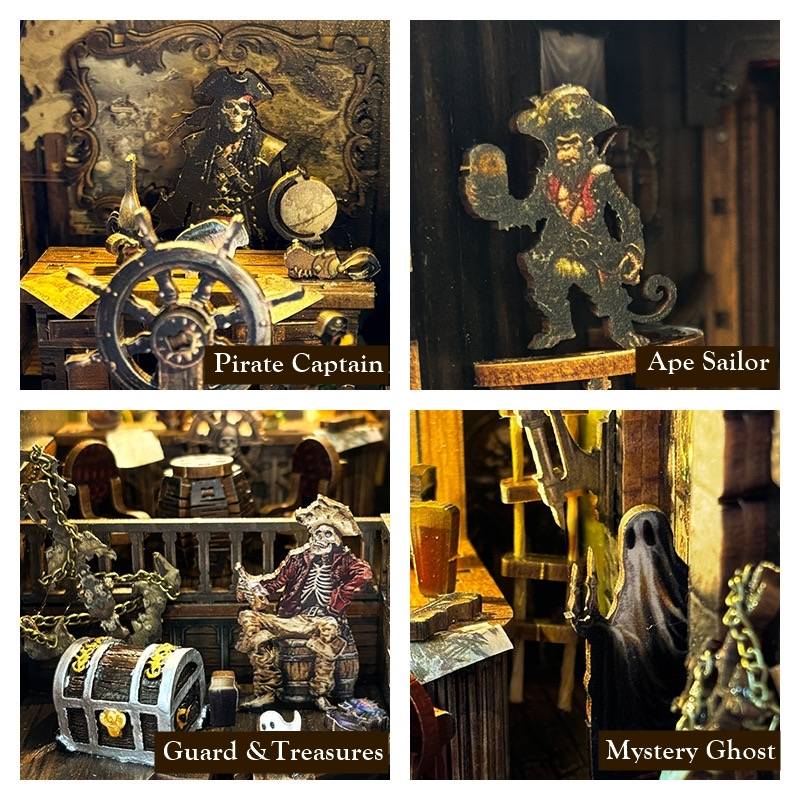 image displaying miniature scenes of Ghost Pirate Ship DIY Book Nook Kit