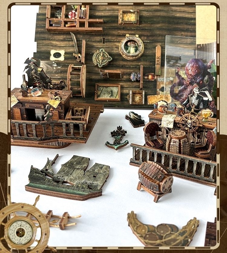 image displaying parts of Ghost Pirate Ship DIY Book Nook Kit are putting together