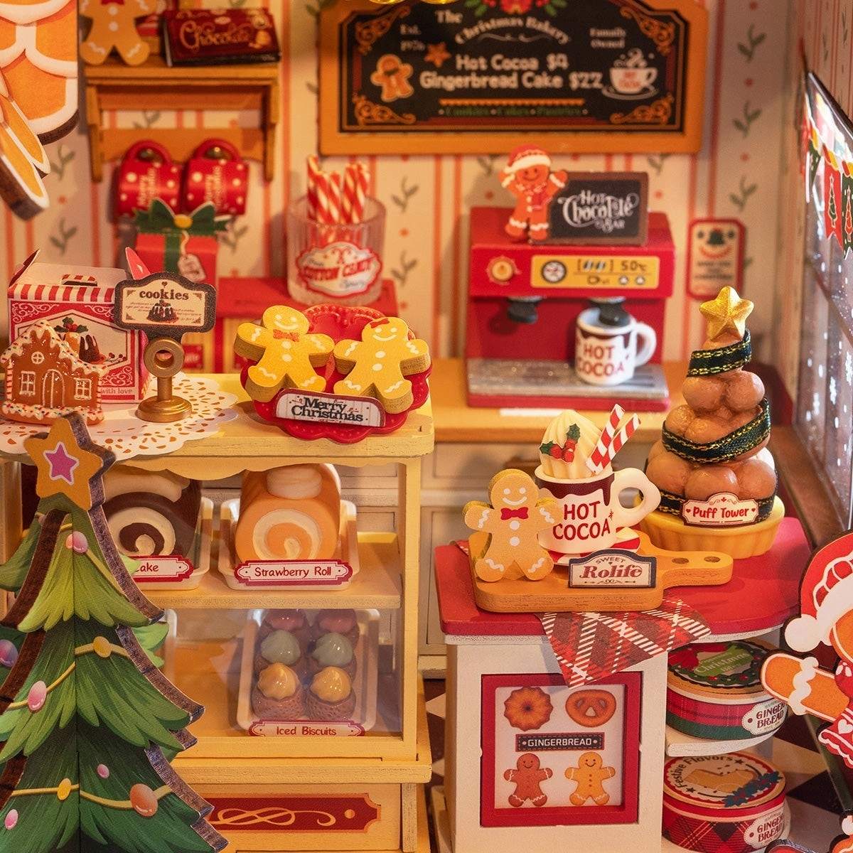 Gingerbread House Miniature Christmas-themed bakery store with various festive items and decorations.