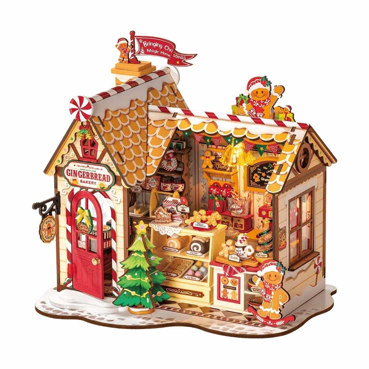 Gingerbread house miniature house, a bakery model with detailed interior and festive decorations