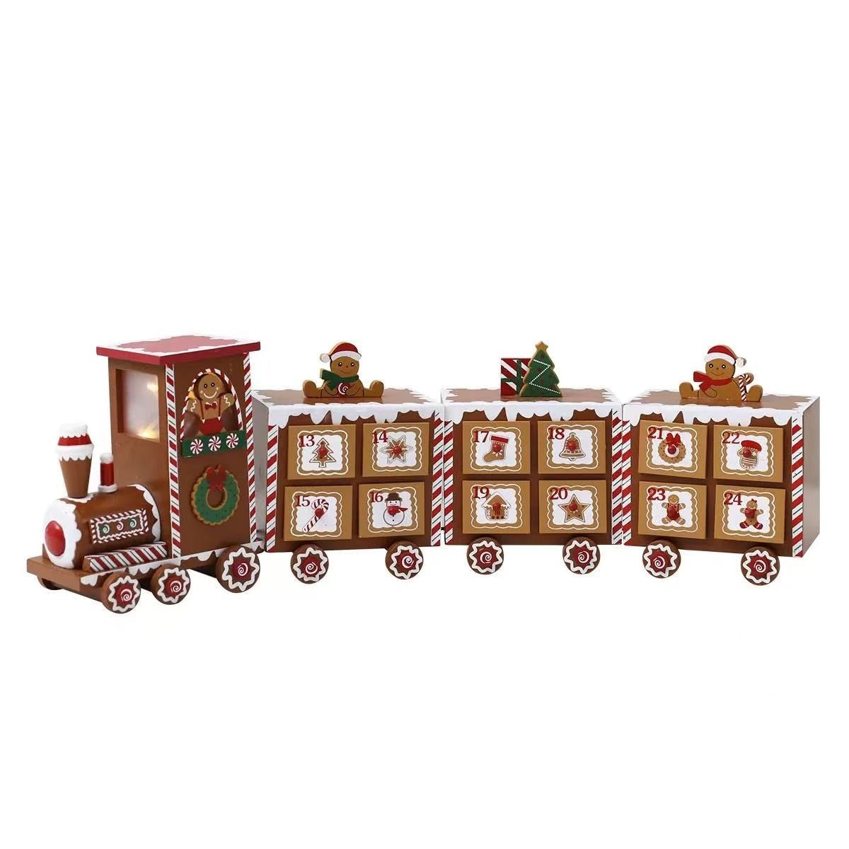 Pre-Lit Gingerbread Train Wooden Advent Calendar! Featuring 24 numbered drawers, star-shaped lights, and a reusable wooden design,Perfect Christmas table decor.