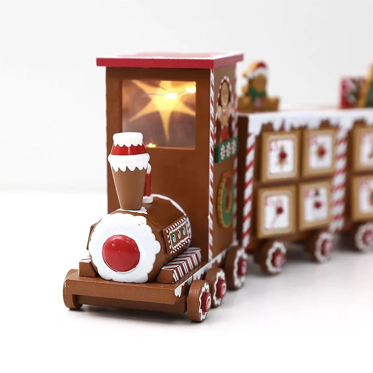 Pre-Lit Gingerbread Train Wooden Advent Calendar! Featuring 24 numbered drawers, star-shaped lights, and a reusable wooden design,Perfect Christmas table decor.