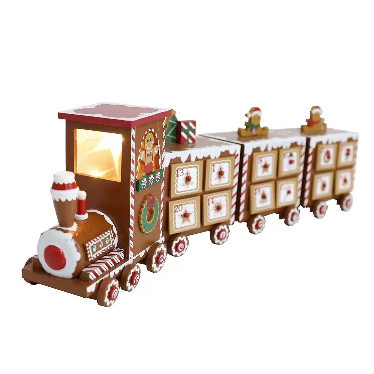 Pre-Lit Gingerbread Train Wooden Advent Calendar, Featuring 24 numbered drawers, star-shaped lights, and a reusable wooden design,Perfect Christmas table decor.