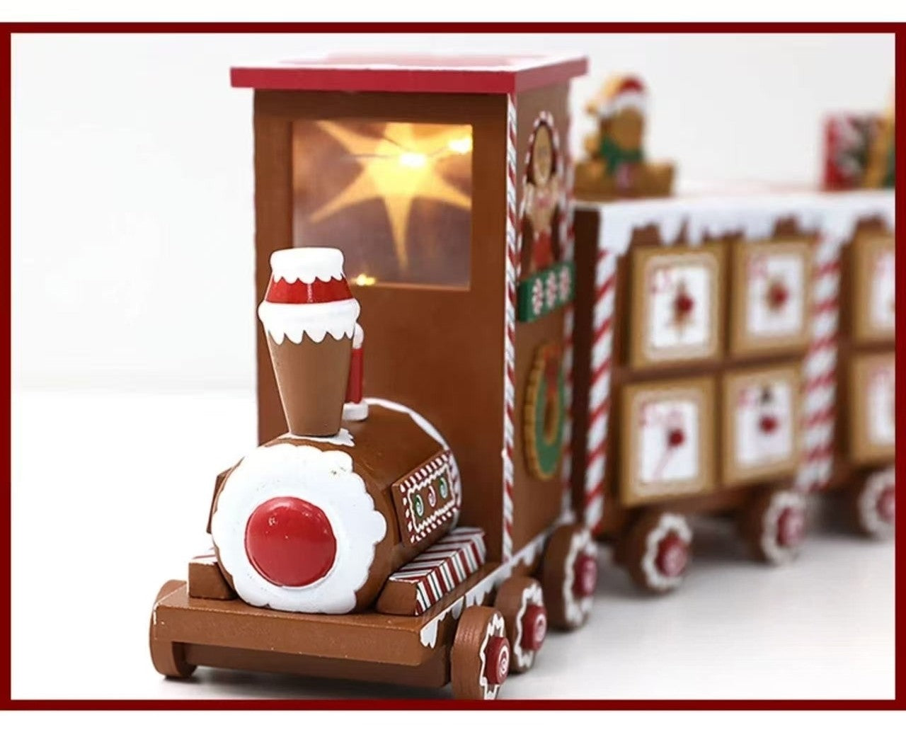 Pre-Lit Gingerbread Train Wooden Advent Calendar! Featuring 24 numbered drawers, star-shaped lights, and a reusable wooden design,Perfect Christmas table decor.