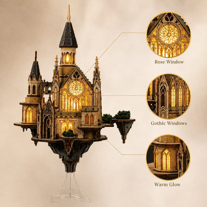 A detailed gothic castle model on a clear stand, shown against a warm beige background with three circular callouts highlighting rose windows, gothic windows, and warm glowing lights.