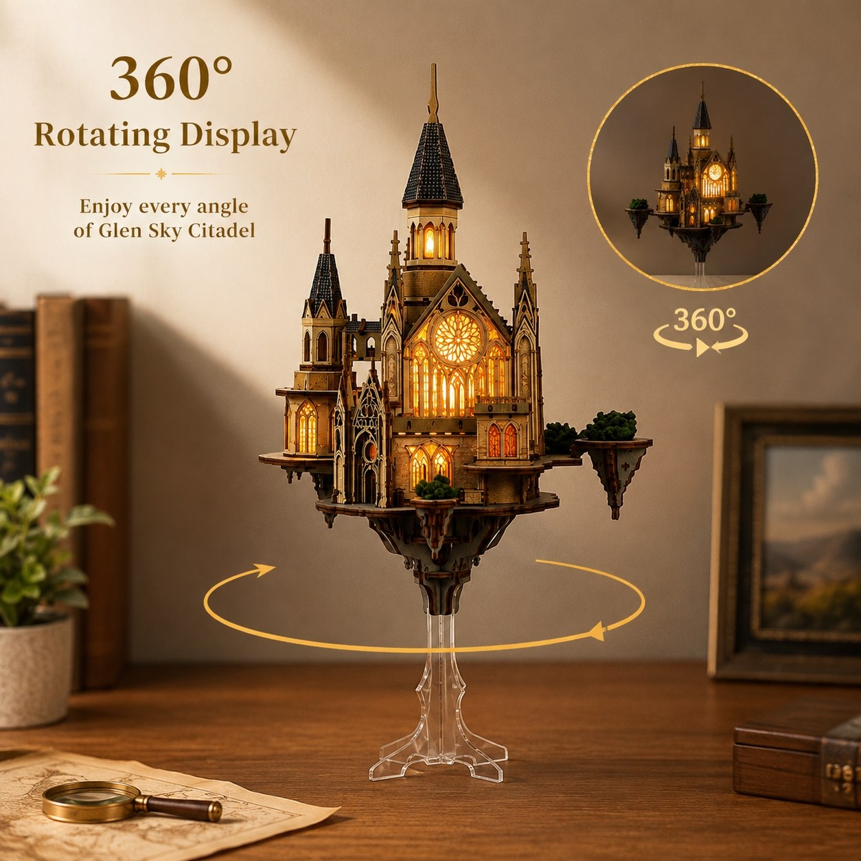 A decorative castle-shaped miniature model on a clear acrylic stand sits on a wooden table in a styled room setting. The product has warm glowing windows and is surrounded by promotional text reading '360° Rotating Display,' plus a circular inset showing the illuminated view from different angles.