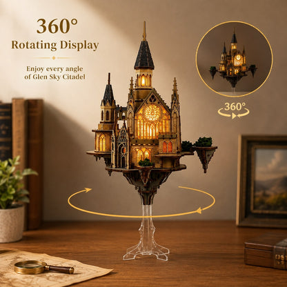 A decorative castle-shaped miniature model on a clear acrylic stand sits on a wooden table in a styled room setting. The product has warm glowing windows and is surrounded by promotional text reading '360° Rotating Display,' plus a circular inset showing the illuminated view from different angles.