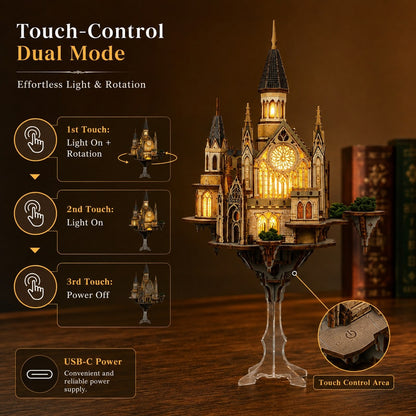 A touch-controlled dual-mode LED light and rotation miniature model of a gothic castle on a clear acrylic stand, shown on a wooden surface with instructional callouts and a close-up of the touch control area.