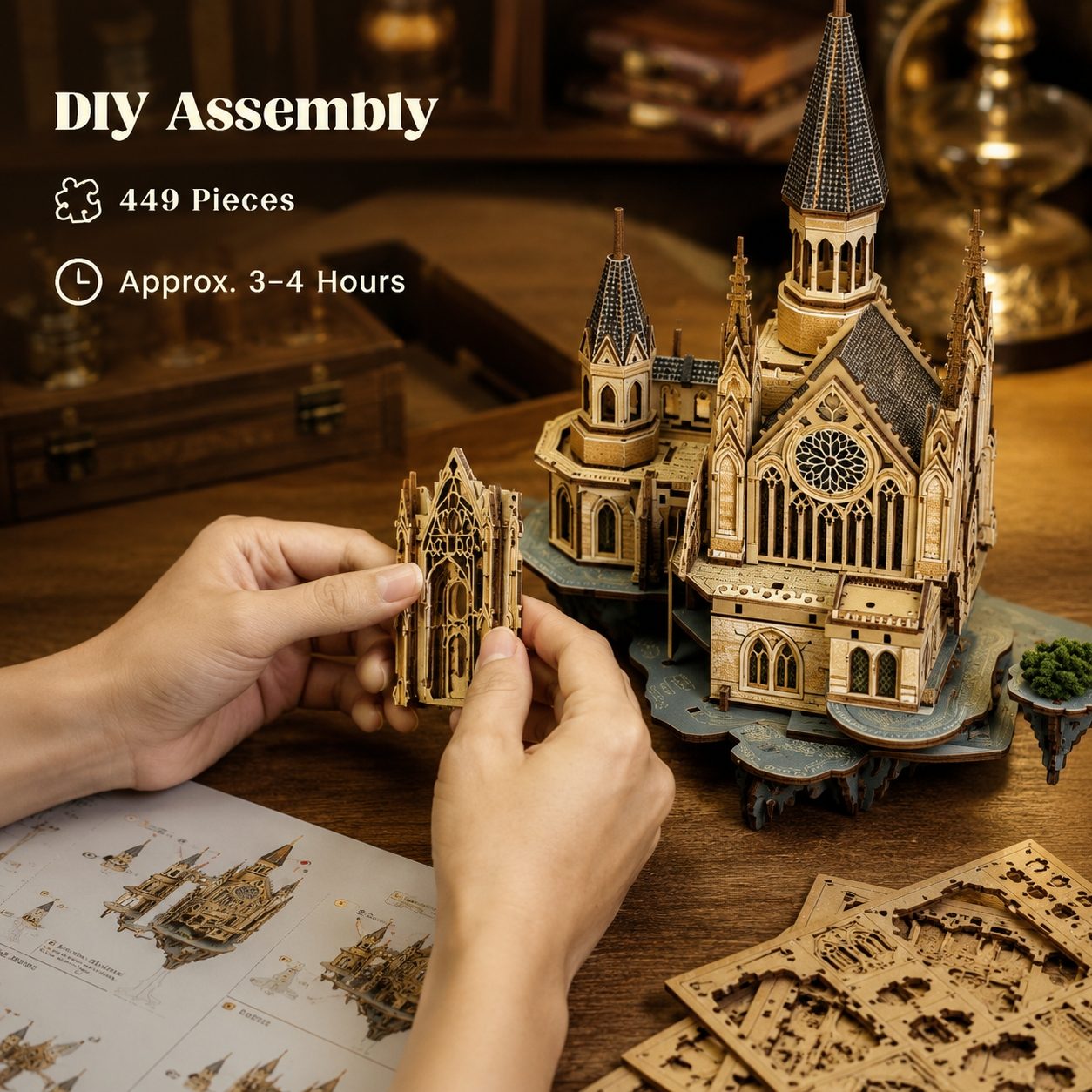 DIY wooden cathedral miniature model assembly in progress, with hands holding a small wooden architectural piece beside the completed model on a wooden table. Text on the image reads 'DIY Assembly', '449 Pieces', and 'Approx.