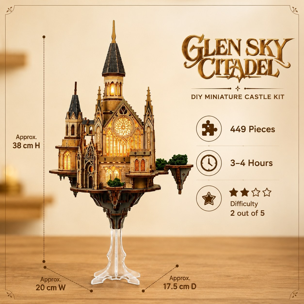 A DIY miniature castle kit labeled 'Glen Sky Citadel' shown assembled on a clear acrylic stand against a warm beige background with printed dimensions, piece count, time, and difficulty information.
