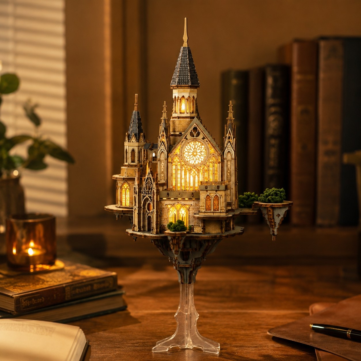 A miniature gothic castle model with warm yellow internal lighting, displayed on a clear pedestal stand on a wooden table in a cozy, dimly lit room with books and a candle in the background.