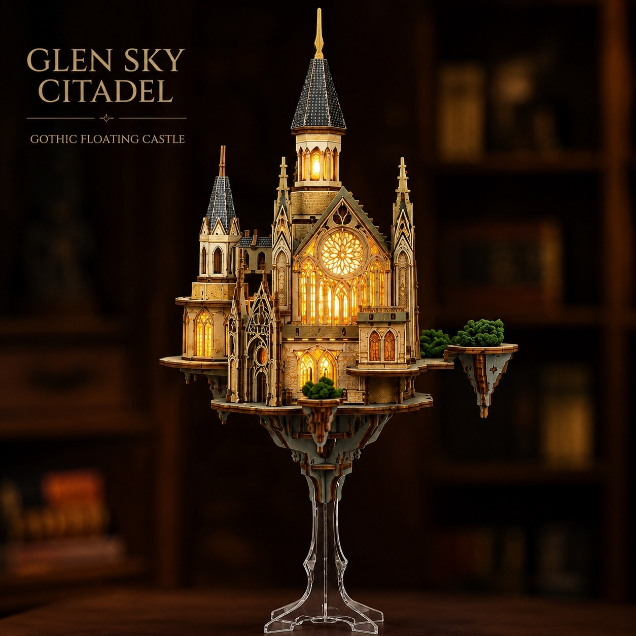 A 3D wooden model of the Glen Sky Citadel, a floating gothic castle, displayed on a clear acrylic stand against a dark, blurred library background. The model features warm yellow glowing windows and a detailed stone facade.