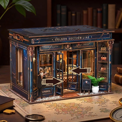 Detailed tailor shop themed miniature house model of a vintage store with moving parts on a world map