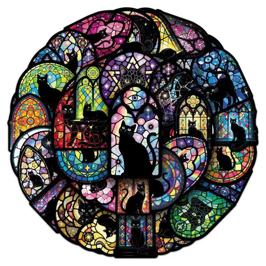 Colorful stickers design with Gothic Stained Glass and black cats on a white background