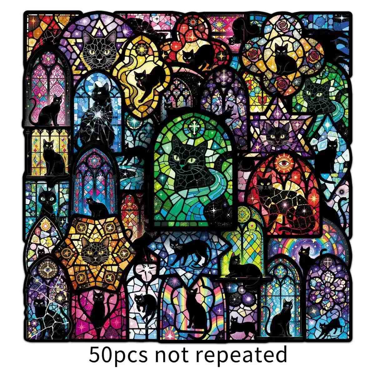 Gothic Stained Glass Cat Stickers Pack