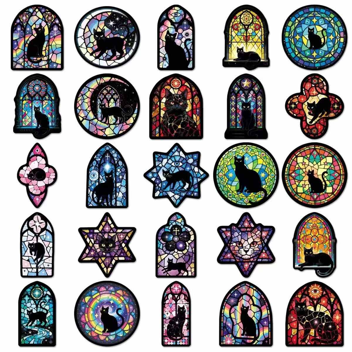 Gothic Stained Glass Cat Stickers Pack