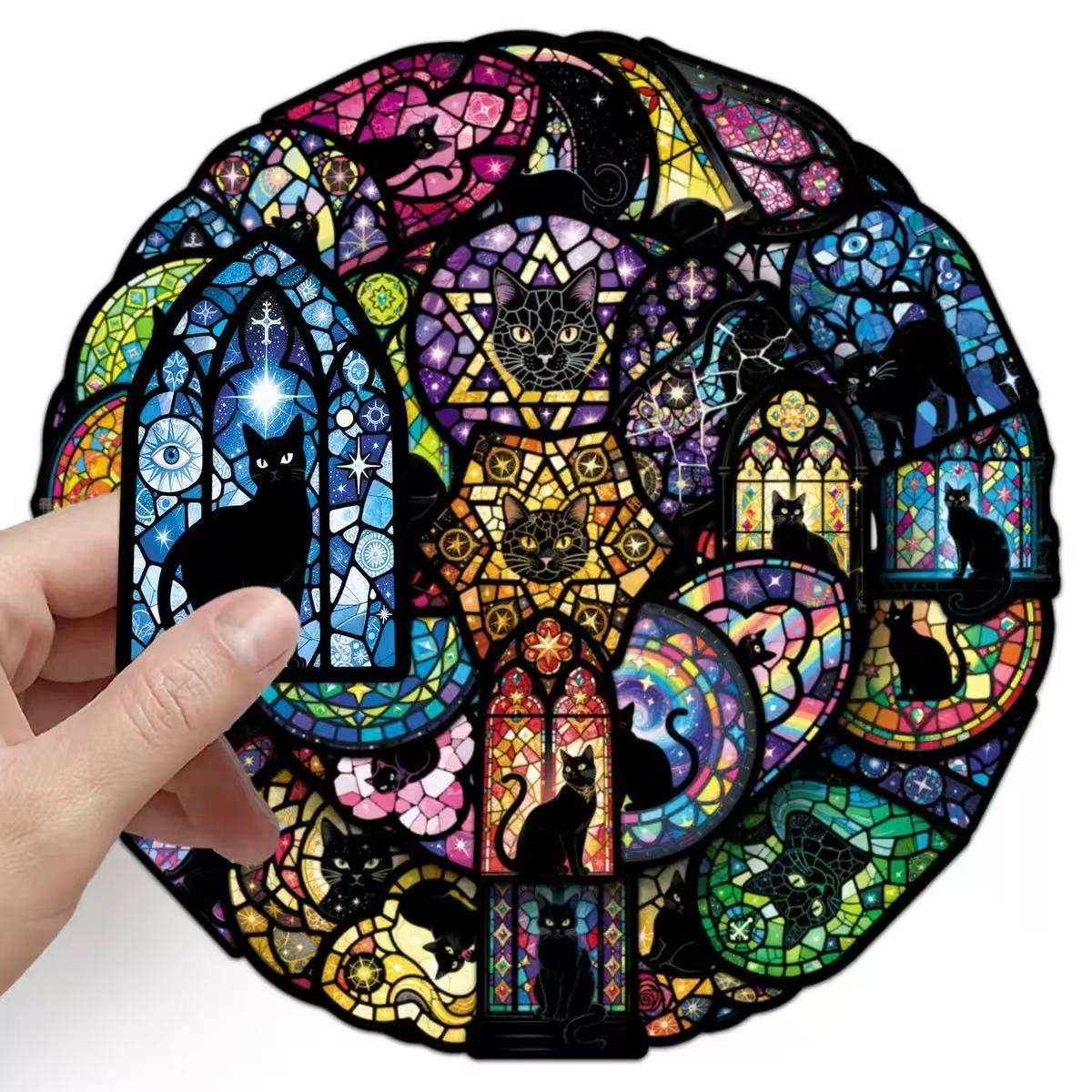 Gothic Stained Glass Cat Stickers Pack