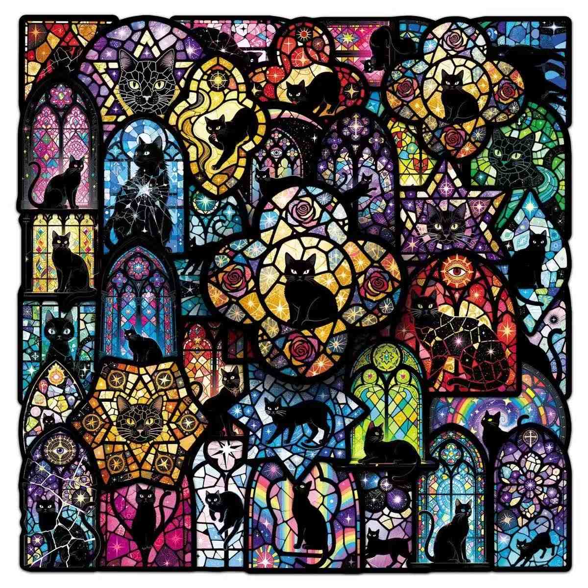 Gothic Stained Glass Cat Stickers Pack
