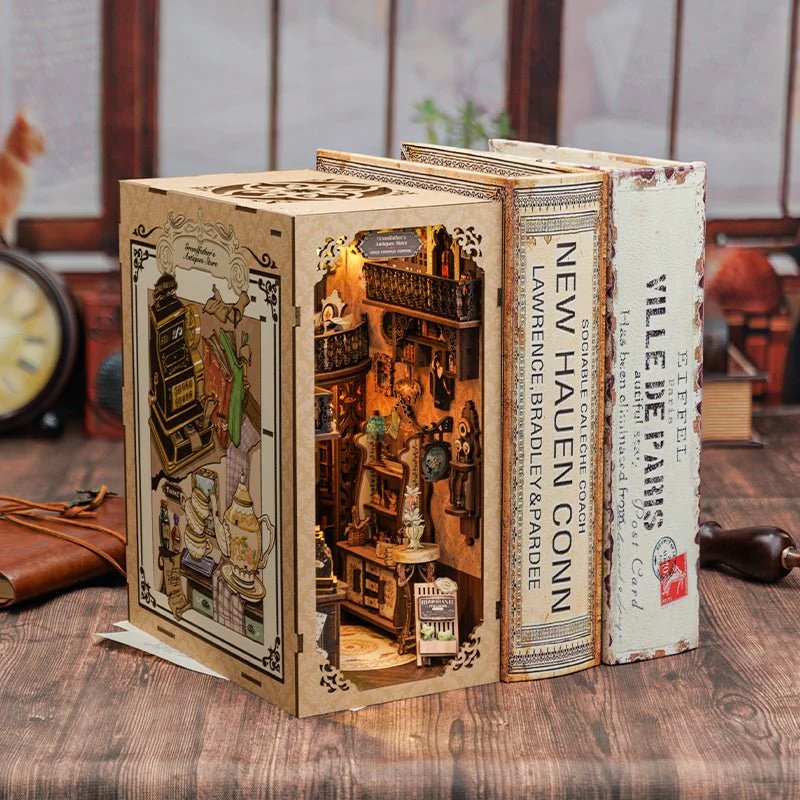Grandfather’s Antique Store DIY Book Nook Kit, Bookshelf Insert Decor Diorama, 3D Wooden Puzzle Book end, Miniature Book Stand