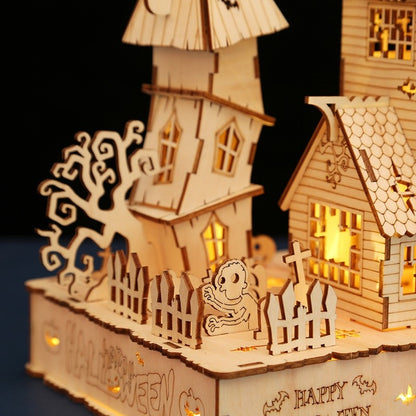 image displaying close-up details of the assembled Halloween Haunted House 3D Wooden Puzzles