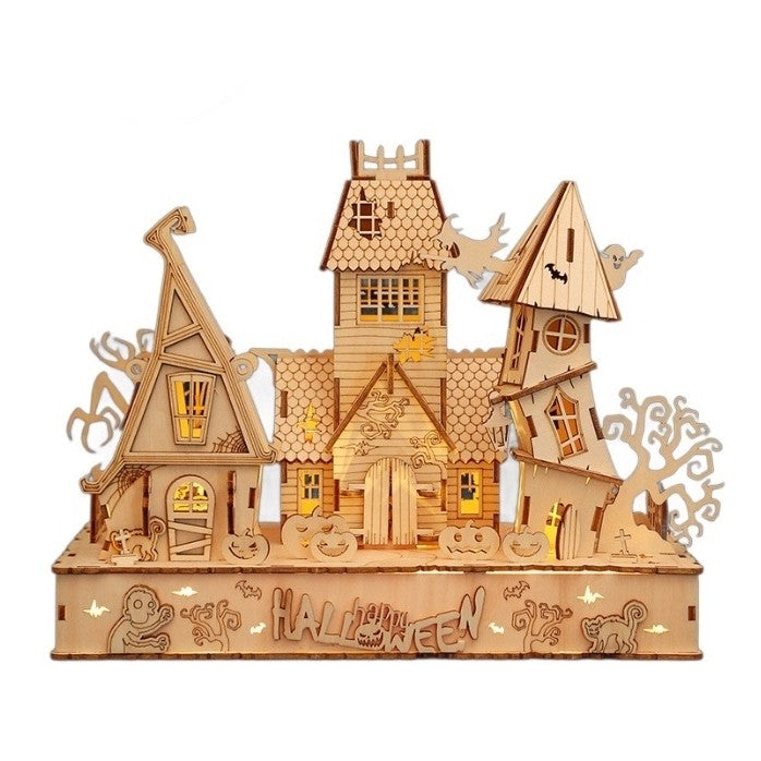 image displaying a assembled Halloween Haunted House 3D Wooden Puzzles with light on