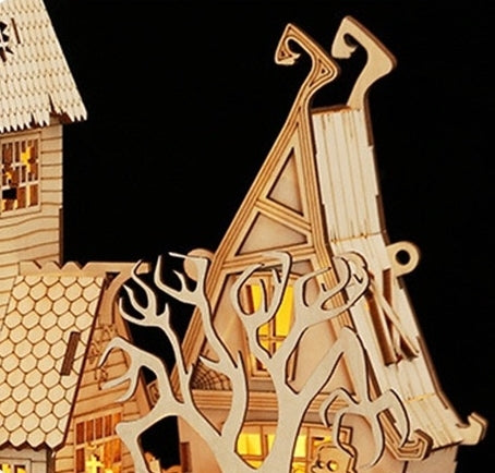 image displaying close-up details of the assembled Halloween Haunted House 3D Wooden Puzzles