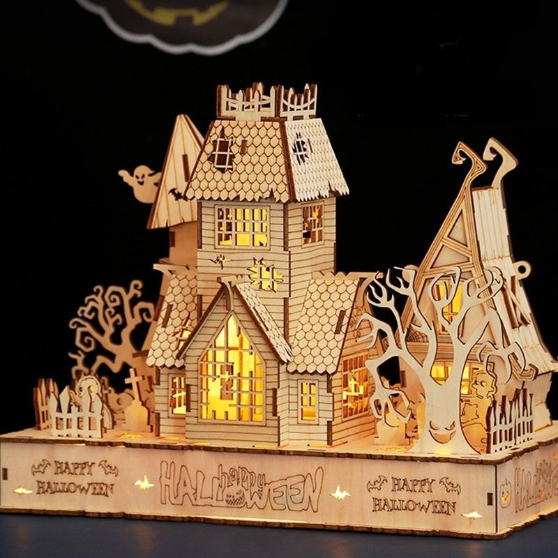 image displaying a assembled Halloween Haunted House 3D Wooden Puzzles with lighting