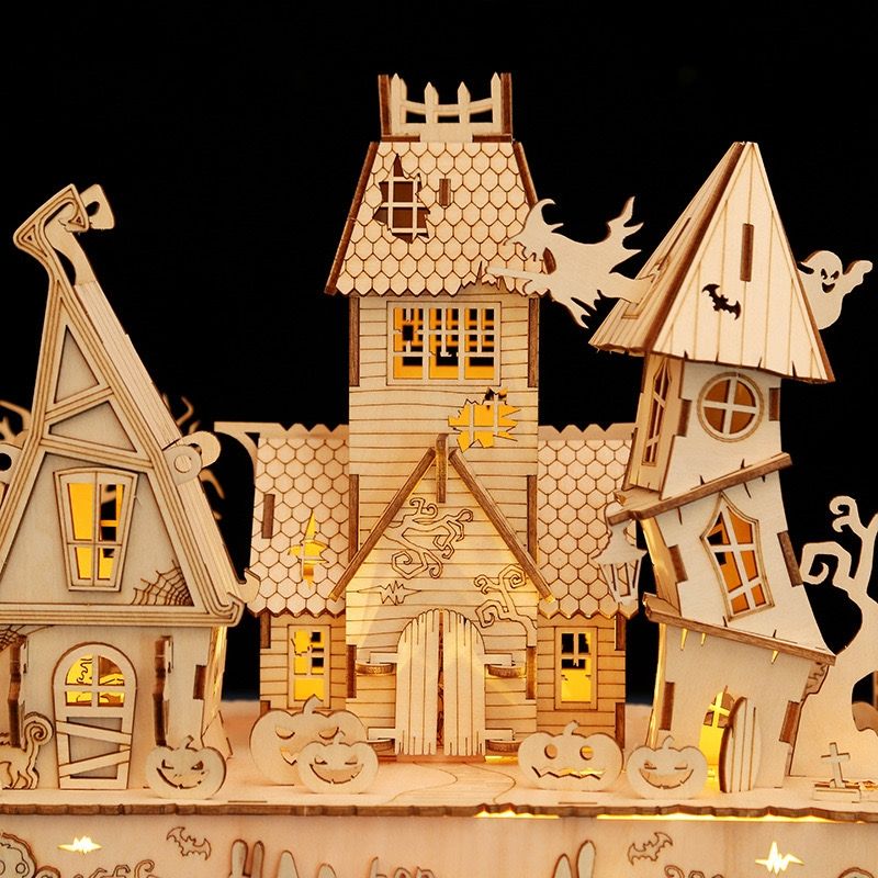 image displaying close-up details of the assembled Halloween Haunted House 3D Wooden Puzzles