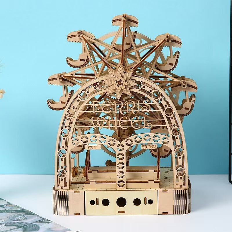 image display front side of an assembled Hand Cranked Ferris Wheel 3D Wooden Puzzle in table setting