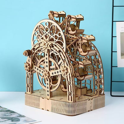 image display right side of an assembled Hand Cranked Ferris Wheel 3D Wooden Puzzle in table setting