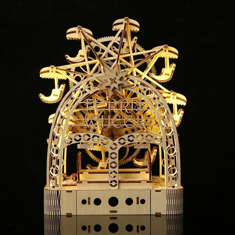 image display assembled Hand Cranked Ferris Wheel 3D Wooden Puzzle with warm LED light