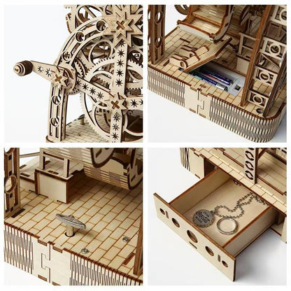 image display details of the Hand Cranked Ferris Wheel 3D Wooden Puzzle, including hand crank, battery box, clock key and small drawer in the base