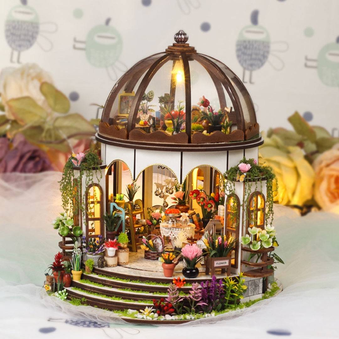 Sky Garden DIY Miniature Dollhouse kit, featuring a dome-roof garden house with lifelike flowers, transparent windows, and warm lights