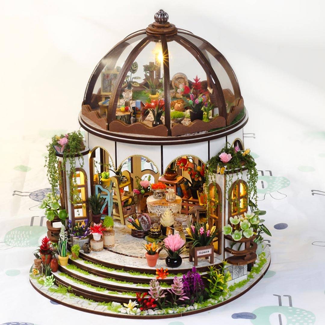 Sky Garden DIY Miniature Dollhouse kit, featuring a dome-roof garden house with lifelike flowers, transparent windows, and warm lights