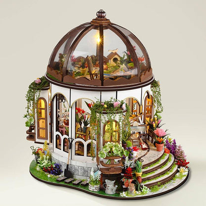 Sky Garden DIY Miniature Dollhouse kit, featuring a dome-roof garden house with lifelike flowers, transparent windows, and warm lights