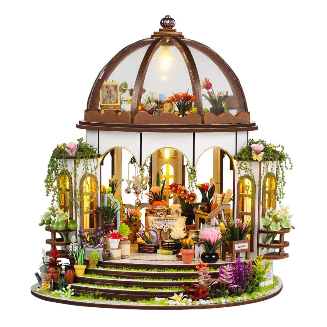 Sky Garden DIY Miniature Dollhouse kit, featuring a dome-roof garden house with lifelike flowers, transparent windows, and warm lights