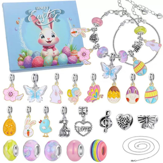 Set of colorful charms and necklaces with a 'Happy Easter' advent box