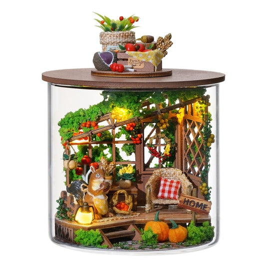 image displaying an assembled Harvest Festival DIY Miniature House Kit in Magic Forest Dream Bottle Series