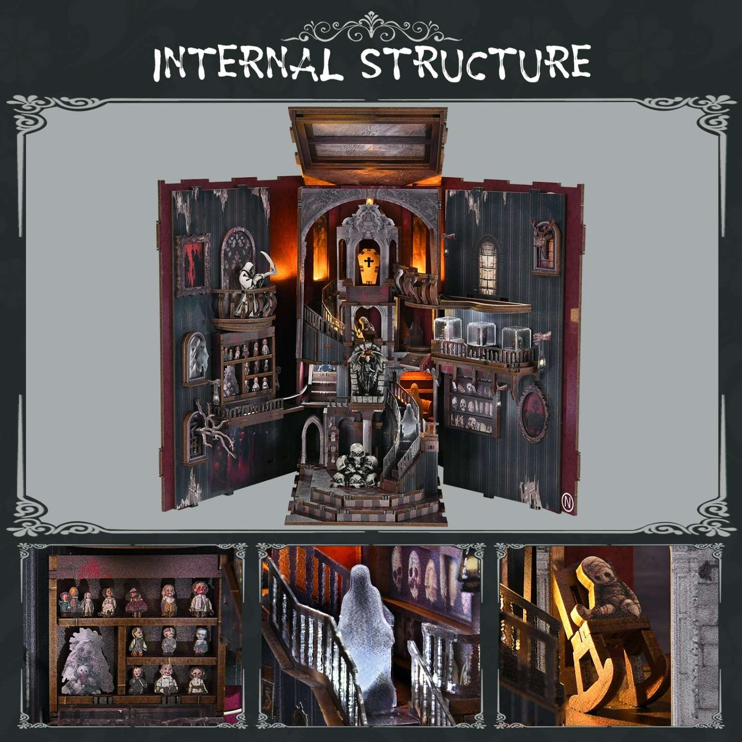 Detailed book nook model of a haunted house with various rooms and scenes.