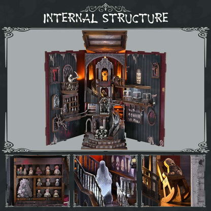 Detailed book nook model of a haunted house with various rooms and scenes.