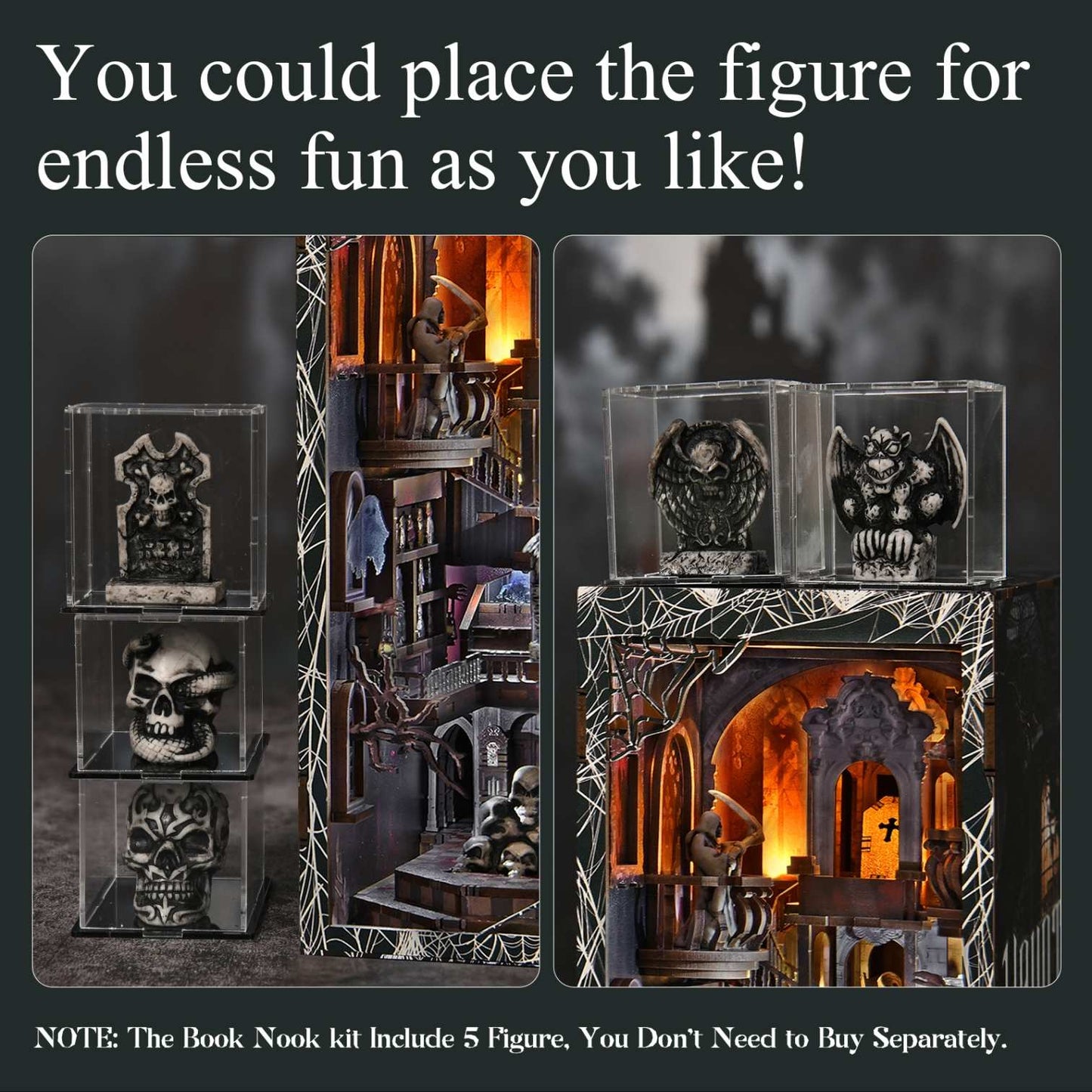 Gothic-style miniature book nook with figurines and decorative elements.