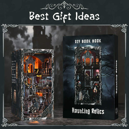 DIY book nook with haunted house design and 'Haunting Relics' branding on a dark background.