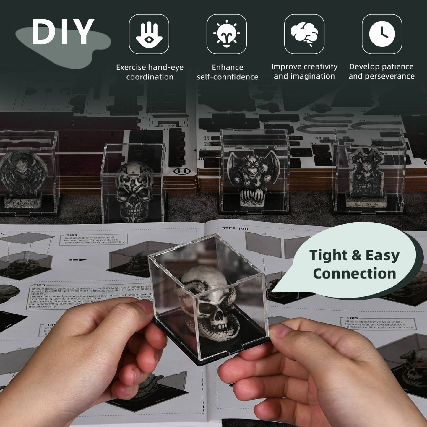 Hands holding a clear 3D puzzle with skull design, surrounded by assembly instructions and promotional text about benefits.