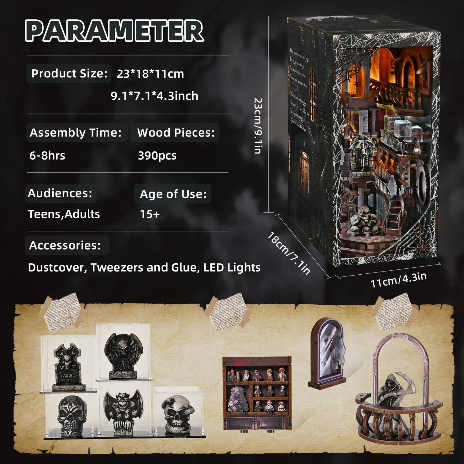 Haunting Relics Book Nook Product packaging with assembly details and dimensions on a dark background