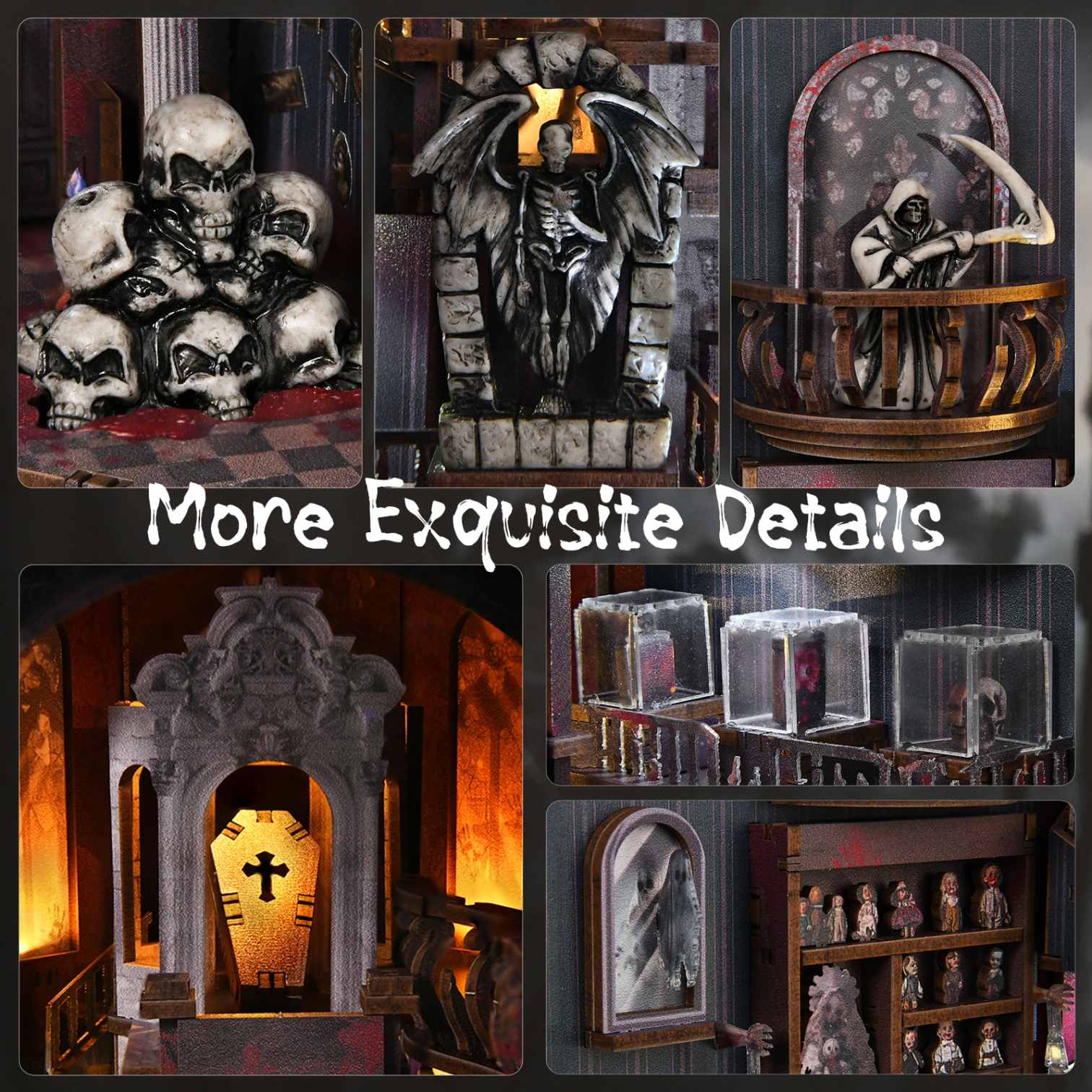Collage of gothic-themed book nook with text 'More Exquisite Details'.